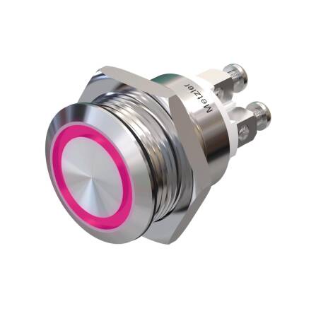 Metzler - Drucktaster 19mm - LED Ringbeleuchtung Pink - IP67 IK10 - Edelstahl - Flach - Schraubkontakte