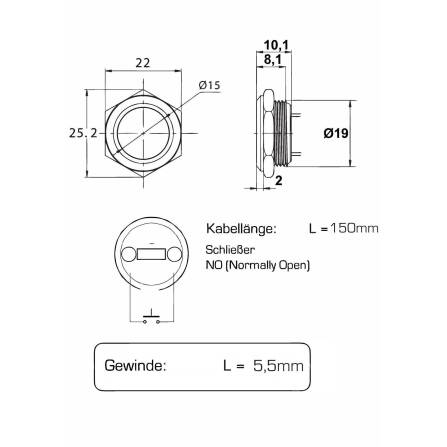 Metzler - Drucktaster 19mm - LED Ringbeleuchtung Grün - IP67 IK10 - Edelstahl - Flach - JST Kabelanschluss