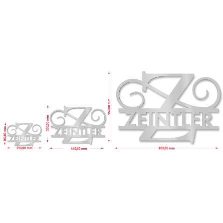 Personalisiertes Namensschild mit Monogramm in Graualuminium RAL 9007 550 x 800 mm Steckdübel