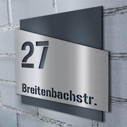 Metzler Edelstahl Hausnummernschild | mit Straßennamen| Anthrazit RAL 7016 | Emil