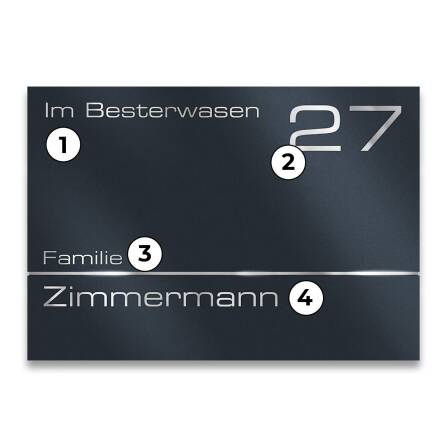 Metzler Hausnummernschild mit Namensgravur aus Edelstahl | 160 x 110mm | RAL 7016 Anthrazitgrau