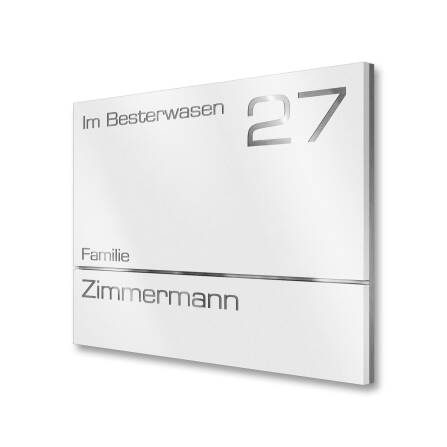 Metzler Hausnummernschild mit Namensgravur aus Edelstahl | 160 x 110mm | RAL 9016 Verkehrsweiß