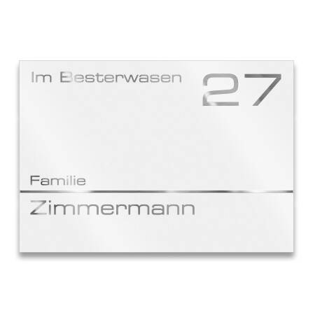 Metzler Hausnummernschild mit Namensgravur aus Edelstahl | 215x150 mm | RAL 9016 Verkehrsweiß