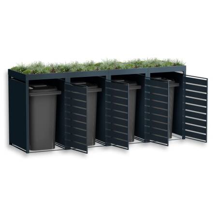 Metzler Mülltonnenbox mit Pflanzdach | viertürig | massiv & rostfrei | in Holzoptik | 240l | RAL7016 Anthrazitgrau matt
