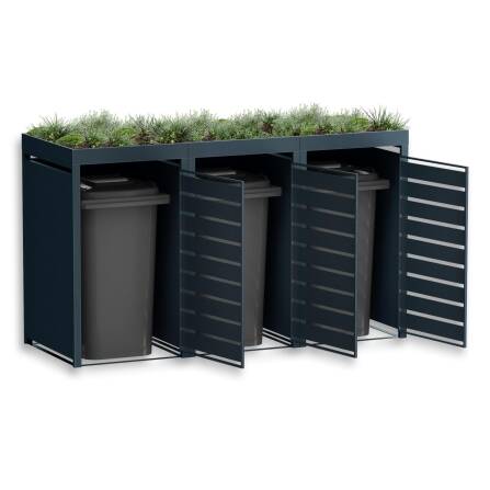 Metzler Mülltonnenbox mit Pflanzdach | dreitürig | massiv & rostfrei | in Holzoptik | 240l | RAL7016 Anthrazitgrau matt