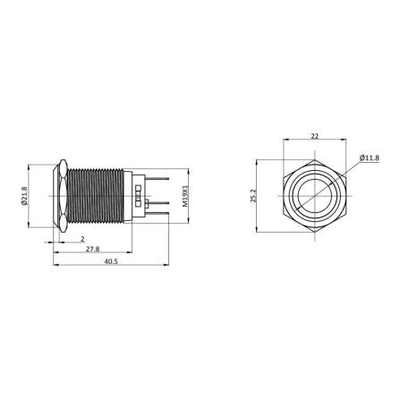Metzler - Drucktaster 19mm - LED Ringbeleuchtung Weiß - IP67 IK10 - Edelstahl - Flach - Lötkontakte