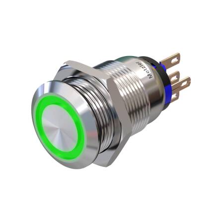 Metzler - Drucktaster 19mm - LED Ringbeleuchtung Grün - IP67 IK10 - Edelstahl - Flach - Lötkontakte