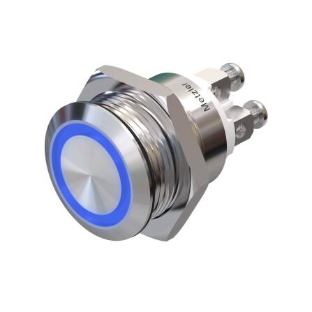 Metzler - Drucktaster 19mm - LED Ringbeleuchtung Blau - IP67 IK10 - Edelstahl - Flach - Schraubkontakte