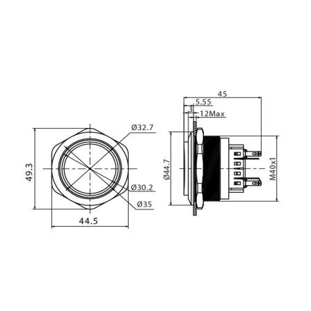 Metzler - Drucktaster 40mm - LED Ringbeleuchtung Grün - IP67 IK10 - Edelstahl - 2-polig - Flach - Lötkontakte