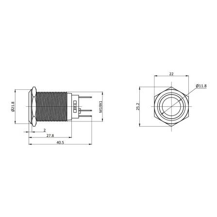 Metzler - Drucktaster 19mm - LED Ringbeleuchtung Grün - IP67 IK10 - Aluminium - Flach - Lötanschluss